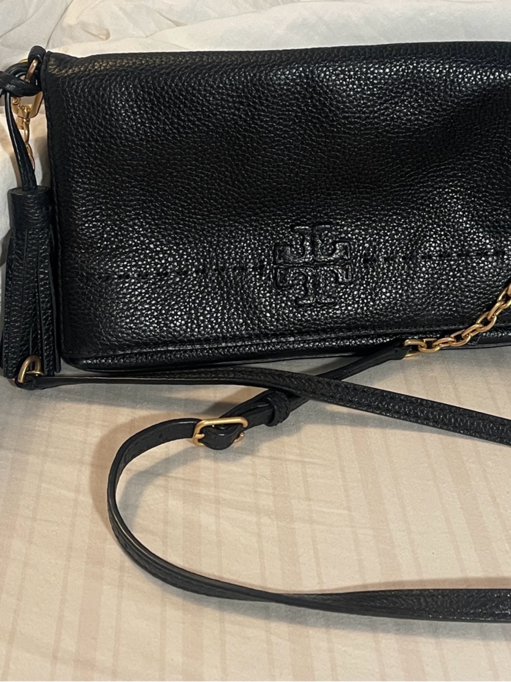 Tory Burch Thea Black Pebbled Leather Foldover Messenger Crossbody